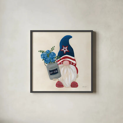 American Gnome VI by Yvette St. Amant. Shown in a sleek black glass frame for a contemporary gallery look. Available as an archival giclee rolled canvas, fine art paper, or poster print. SKU 91834a.