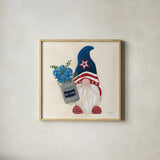 American Gnome VI by Yvette St. Amant. Shown in a natural wood glass frame for a timeless modern aesthetic. Available as an archival giclee rolled canvas, fine art paper, or poster print. SKU 91834a.