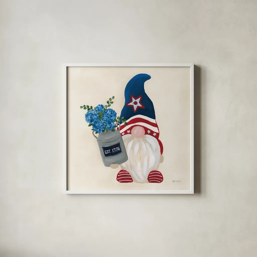 American Gnome VI by Yvette St. Amant. Shown in a crisp white glass frame for a clean and minimalist style. Available as an archival giclee rolled canvas, fine art paper, or poster print. SKU 91834a.
