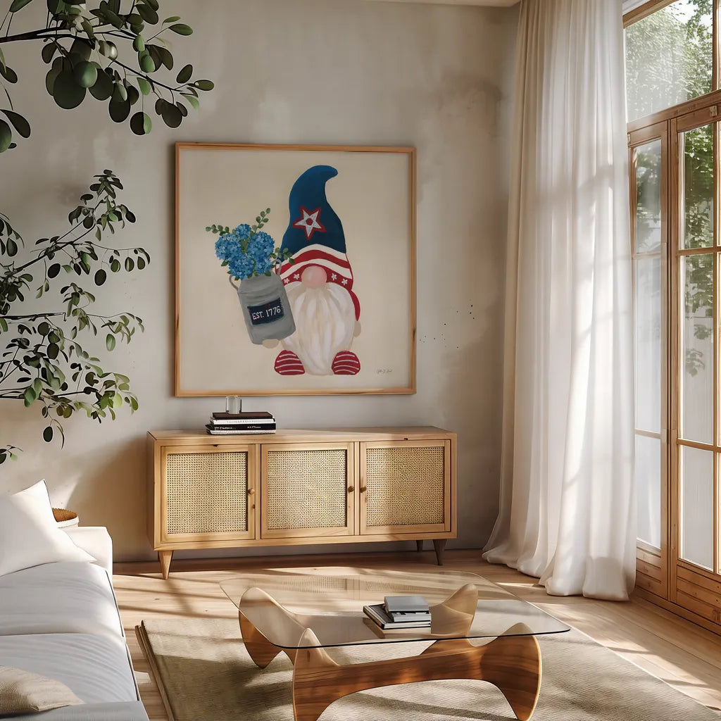 American Gnome VI by Yvette St. Amant. Shown in a natural wood frame in a cozy modern living room. Available as an archival giclee rolled canvas, fine art paper, or poster print. SKU 91834a.