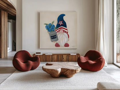 American Gnome VI by Yvette St. Amant. Shown as extra-large giant wall art in a modern living room. Available as an archival giclee rolled canvas, fine art paper, or poster print. SKU 91834a.