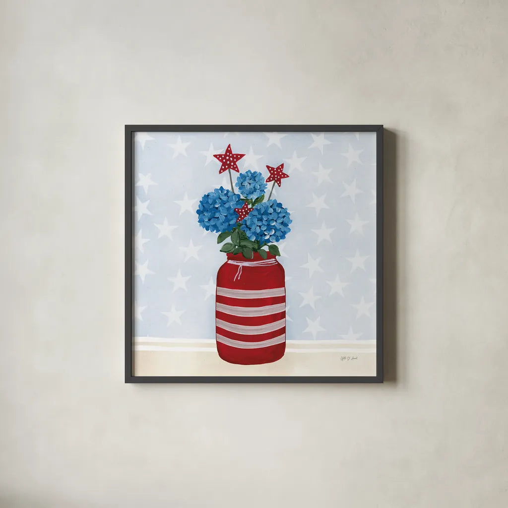 American Gnome VII by Yvette St. Amant. Shown in a sleek black glass frame for a contemporary gallery look. Available as an archival giclee rolled canvas, fine art paper, or poster print. SKU 91835a.
