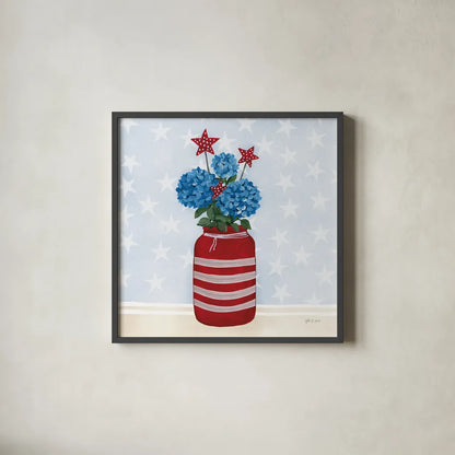 American Gnome VII by Yvette St. Amant. Shown in a sleek black glass frame for a contemporary gallery look. Available as an archival giclee rolled canvas, fine art paper, or poster print. SKU 91835a.