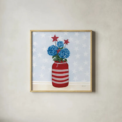 American Gnome VII by Yvette St. Amant. Shown in a natural wood glass frame for a timeless modern aesthetic. Available as an archival giclee rolled canvas, fine art paper, or poster print. SKU 91835a.