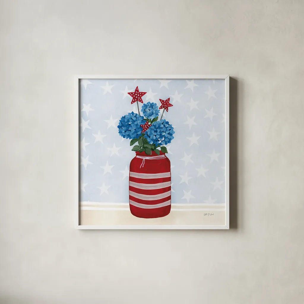 American Gnome VII by Yvette St. Amant. Shown in a crisp white glass frame for a clean and minimalist style. Available as an archival giclee rolled canvas, fine art paper, or poster print. SKU 91835a.