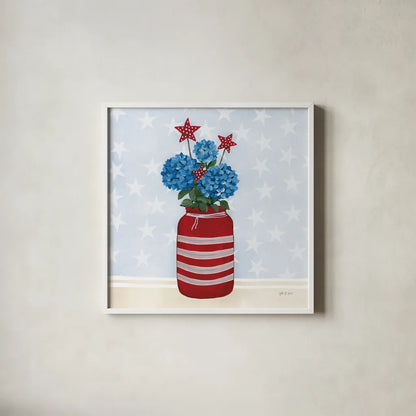 American Gnome VII by Yvette St. Amant. Shown in a crisp white glass frame for a clean and minimalist style. Available as an archival giclee rolled canvas, fine art paper, or poster print. SKU 91835a.