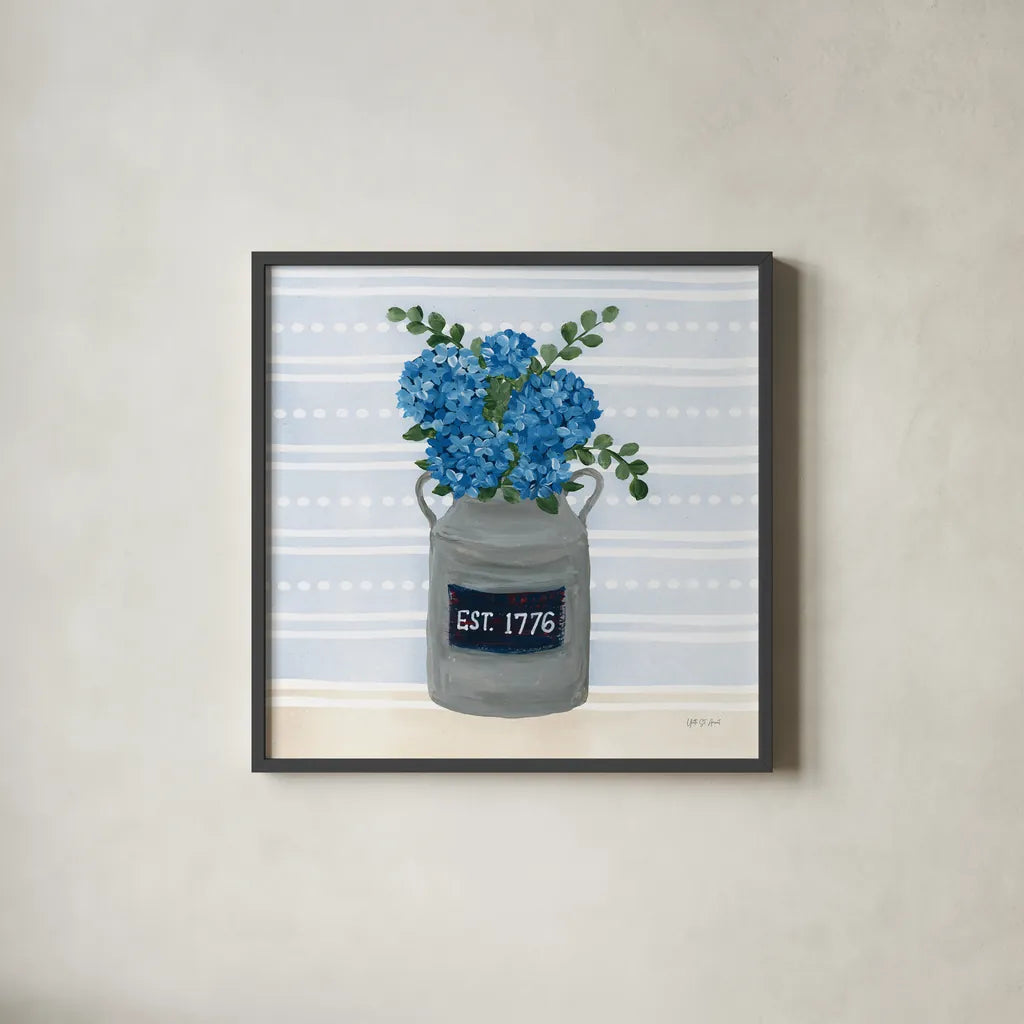 American Gnome VIII by Yvette St. Amant. Shown in a sleek black glass frame for a contemporary gallery look. Available as an archival giclee rolled canvas, fine art paper, or poster print. SKU 91836a.