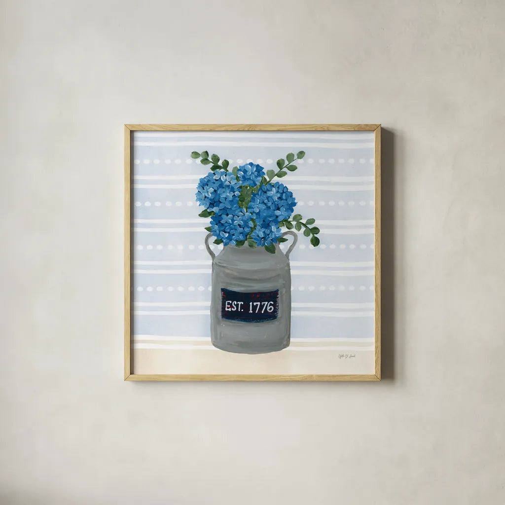 American Gnome VIII by Yvette St. Amant. Shown in a natural wood glass frame for a timeless modern aesthetic. Available as an archival giclee rolled canvas, fine art paper, or poster print. SKU 91836a.