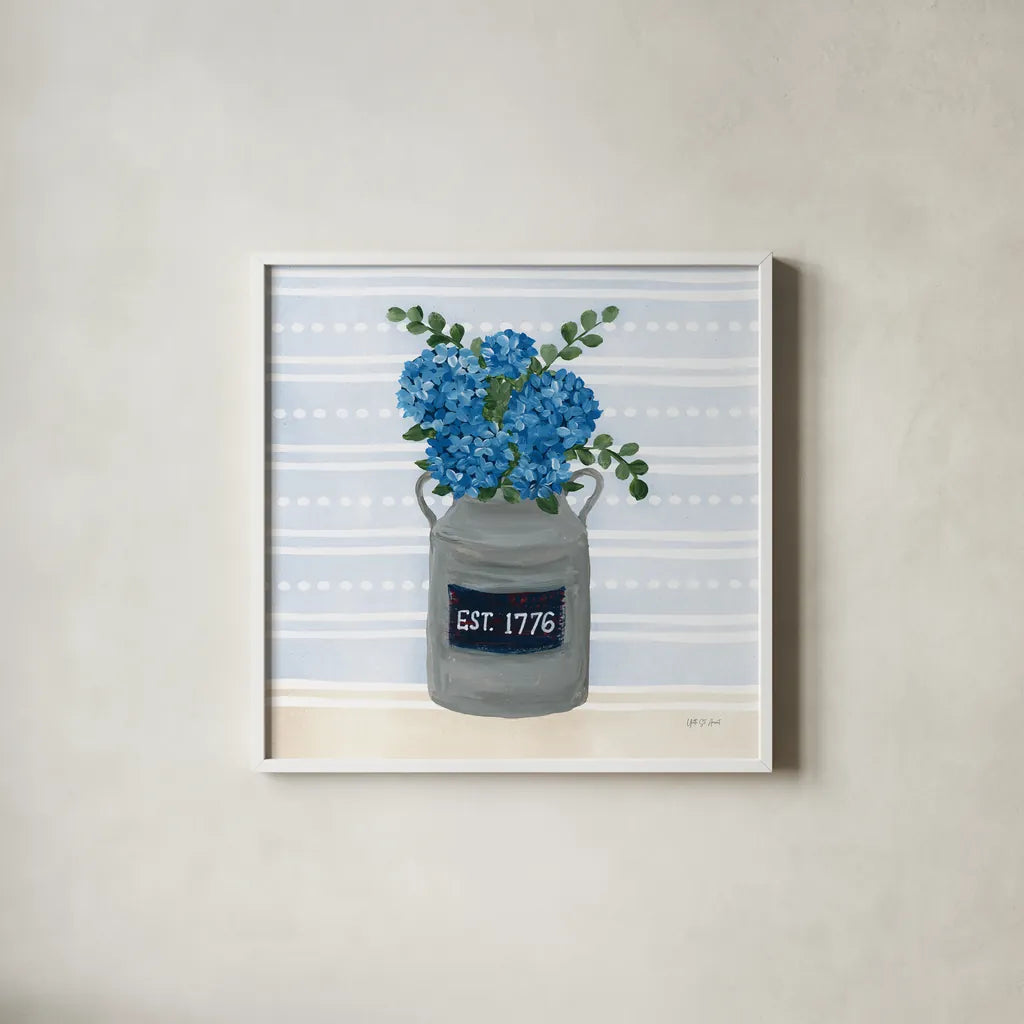 American Gnome VIII by Yvette St. Amant. Shown in a crisp white glass frame for a clean and minimalist style. Available as an archival giclee rolled canvas, fine art paper, or poster print. SKU 91836a.