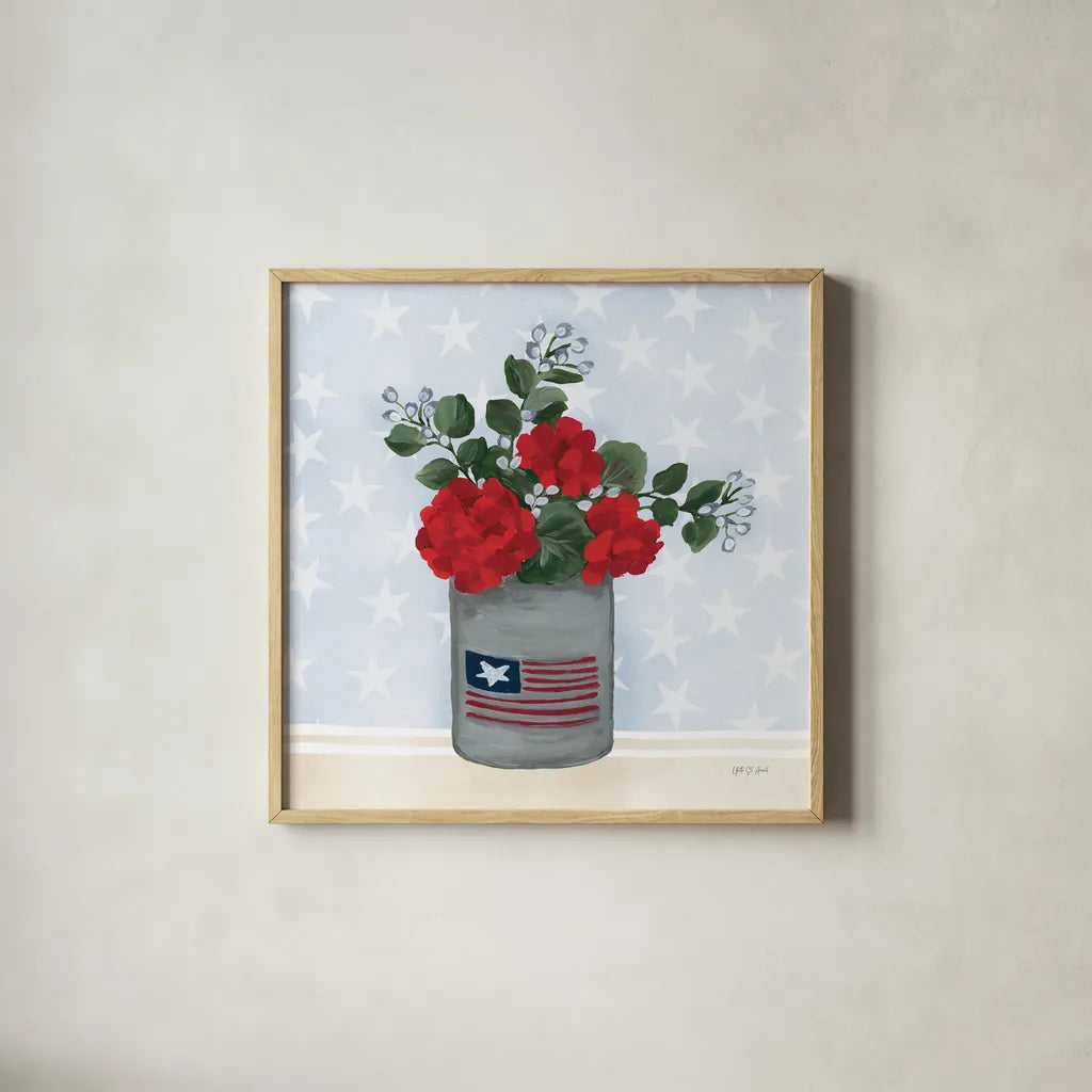 American Gnome X by Yvette St. Amant. Shown in a natural wood glass frame for a timeless modern aesthetic. Available as an archival giclee rolled canvas, fine art paper, or poster print. SKU 91838a.