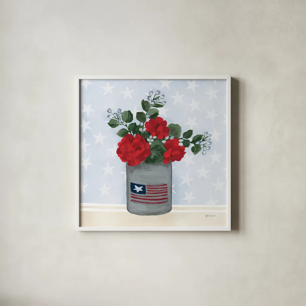 American Gnome X by Yvette St. Amant. Shown in a crisp white glass frame for a clean and minimalist style. Available as an archival giclee rolled canvas, fine art paper, or poster print. SKU 91838a.