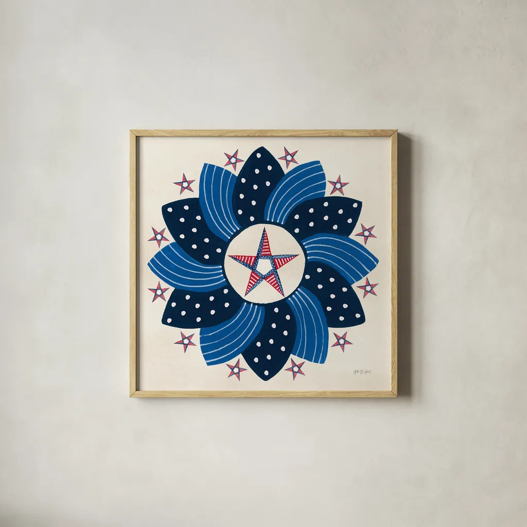 American Gnome XI by Yvette St. Amant. Shown in a natural wood glass frame for a timeless modern aesthetic. Available as an archival giclee rolled canvas, fine art paper, or poster print. SKU 91839a.