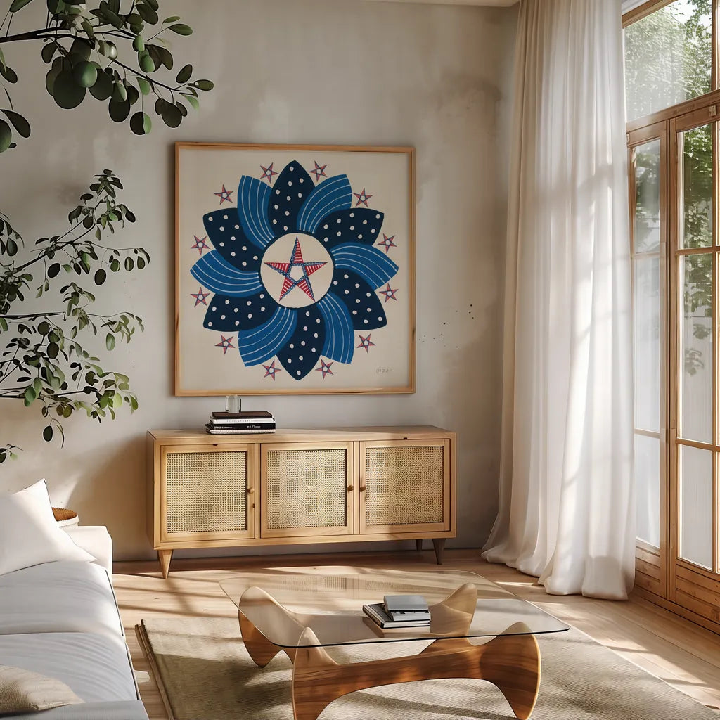 American Gnome XI by Yvette St. Amant. Shown in a natural wood frame in a cozy modern living room. Available as an archival giclee rolled canvas, fine art paper, or poster print. SKU 91839a.