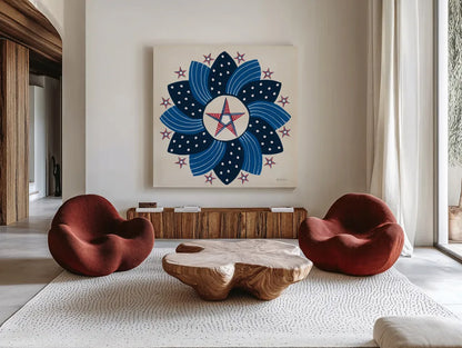 American Gnome XI by Yvette St. Amant. Shown as extra-large giant wall art in a modern living room. Available as an archival giclee rolled canvas, fine art paper, or poster print. SKU 91839a.