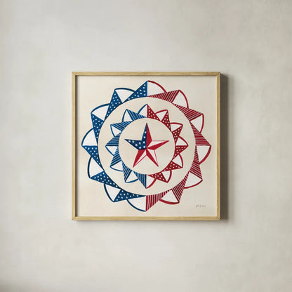 American Gnome XII by Yvette St. Amant. Shown in a natural wood glass frame for a timeless modern aesthetic. Available as an archival giclee rolled canvas, fine art paper, or poster print. SKU 91840a.