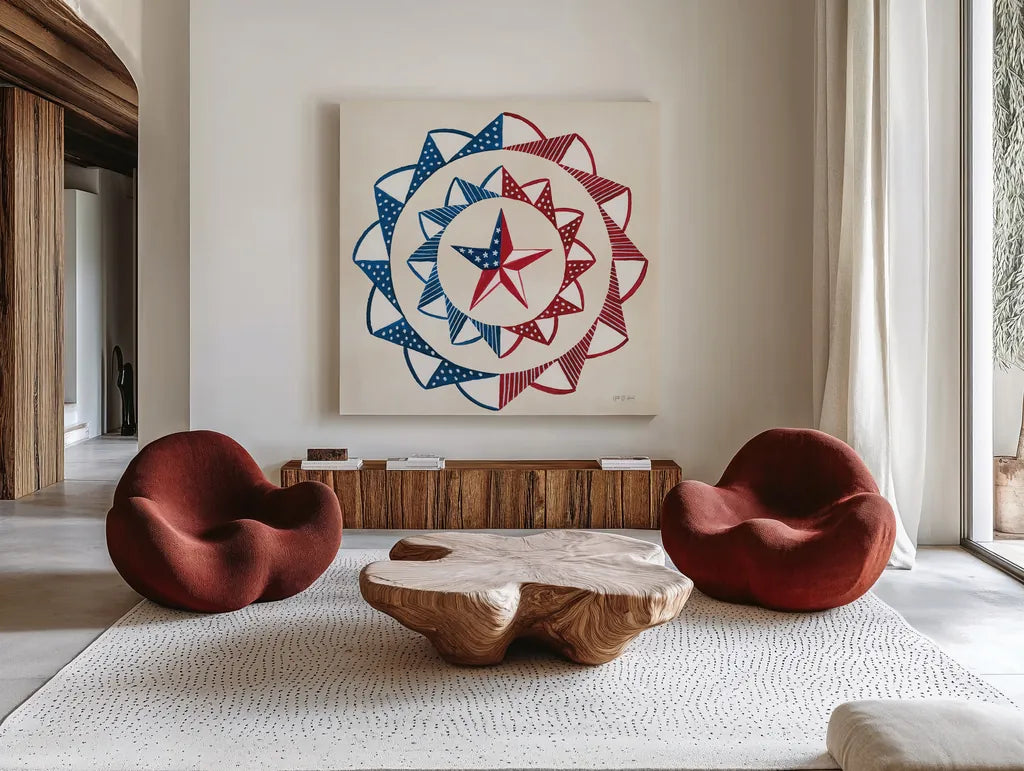 American Gnome XII by Yvette St. Amant. Shown as extra-large giant wall art in a modern living room. Available as an archival giclee rolled canvas, fine art paper, or poster print. SKU 91840a.
