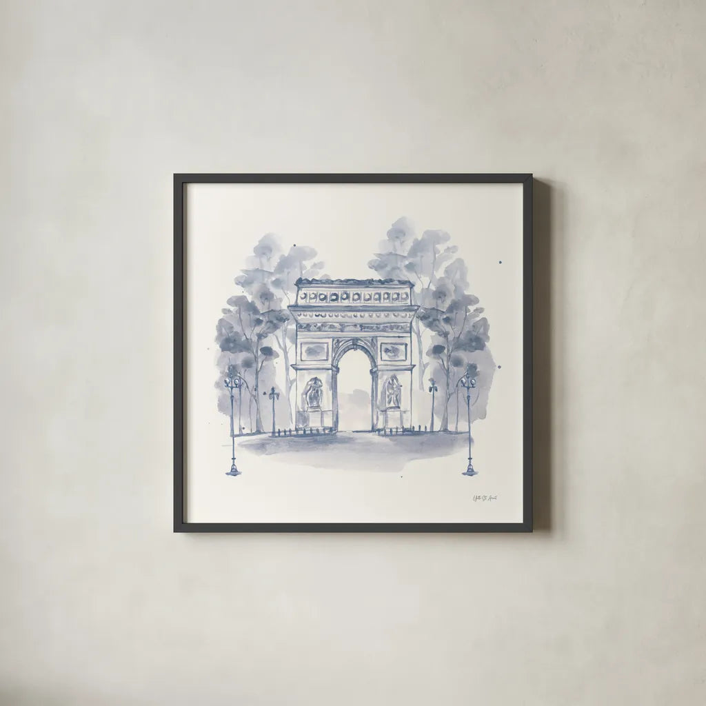 Arc de Triomphe by Yvette St. Amant. Shown in a sleek black glass frame for a contemporary gallery look. Available as an archival giclee rolled canvas, fine art paper, or poster print. SKU 91414a.
