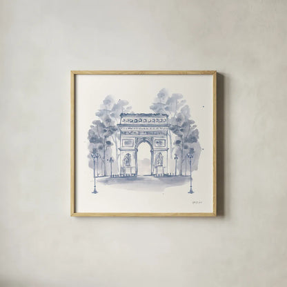 Arc de Triomphe by Yvette St. Amant. Shown in a natural wood glass frame for a timeless modern aesthetic. Available as an archival giclee rolled canvas, fine art paper, or poster print. SKU 91414a.