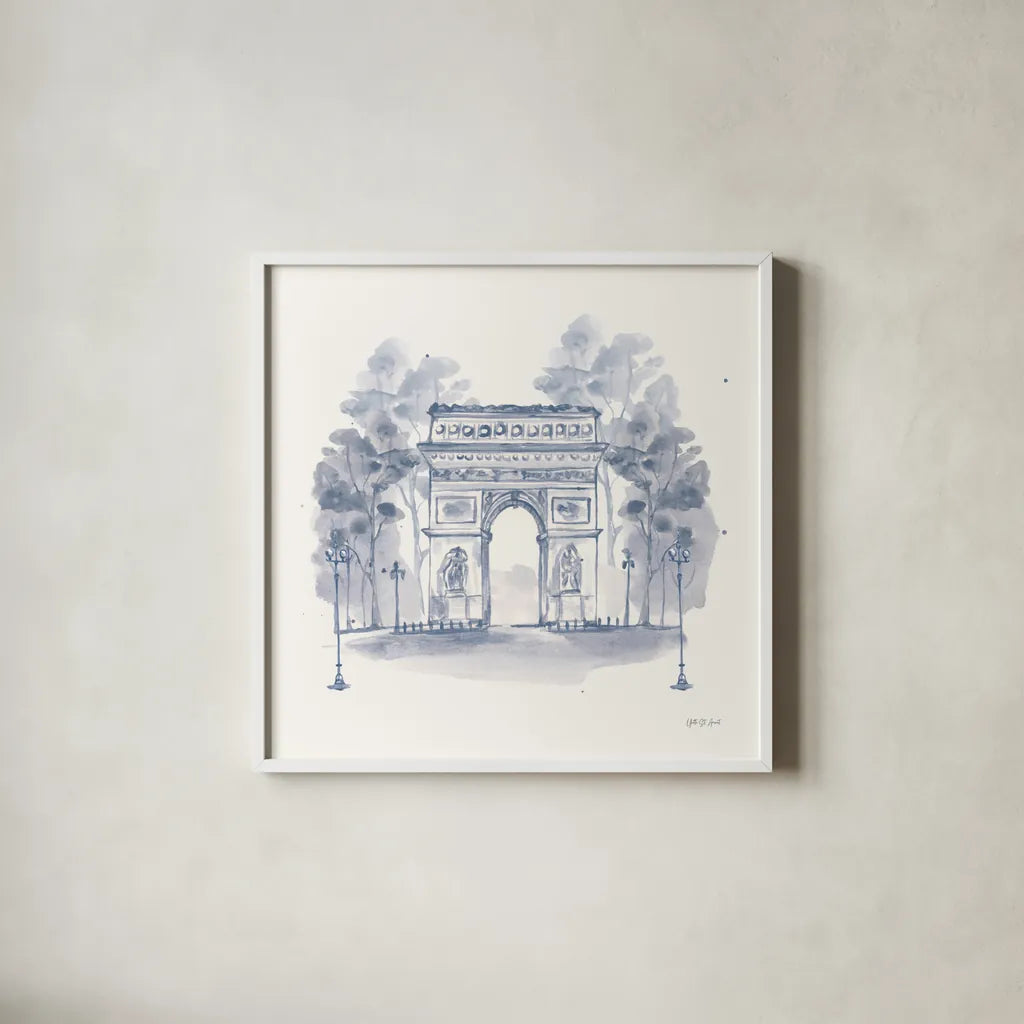 Arc de Triomphe by Yvette St. Amant. Shown in a crisp white glass frame for a clean and minimalist style. Available as an archival giclee rolled canvas, fine art paper, or poster print. SKU 91414a.