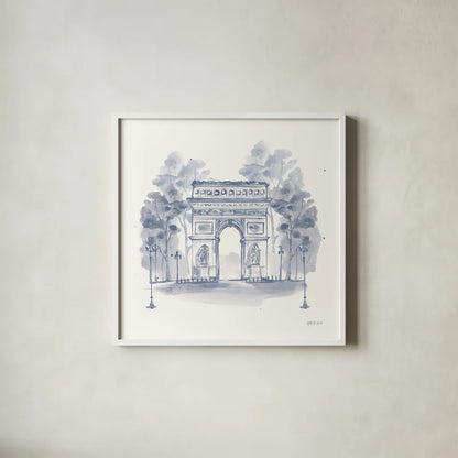 Arc de Triomphe by Yvette St. Amant. Shown in a crisp white glass frame for a clean and minimalist style. Available as an archival giclee rolled canvas, fine art paper, or poster print. SKU 91414a.