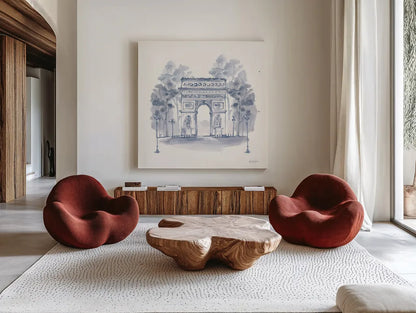 Arc de Triomphe by Yvette St. Amant. Shown as extra-large giant wall art in a modern living room. Available as an archival giclee rolled canvas, fine art paper, or poster print. SKU 91414a.