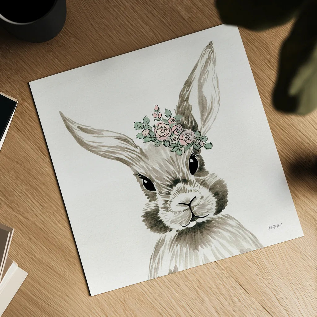 Baby Bunny with Crown by Yvette St. Amant. Shown as a detailed flat fine art print, highlighting archival giclee quality. Available as an archival giclee rolled canvas, fine art paper, or poster print. SKU 89943a.