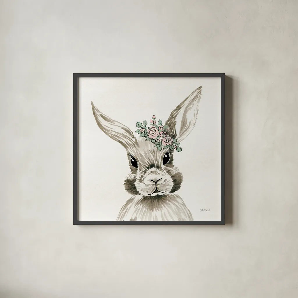 Baby Bunny with Crown by Yvette St. Amant. Shown in a sleek black glass frame for a contemporary gallery look. Available as an archival giclee rolled canvas, fine art paper, or poster print. SKU 89943a.