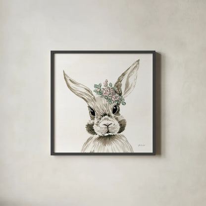 Baby Bunny with Crown by Yvette St. Amant. Shown in a sleek black glass frame for a contemporary gallery look. Available as an archival giclee rolled canvas, fine art paper, or poster print. SKU 89943a.