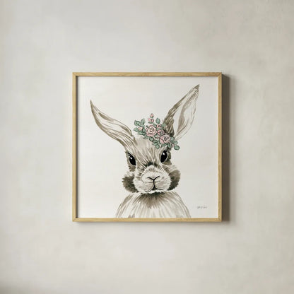 Baby Bunny with Crown by Yvette St. Amant. Shown in a natural wood glass frame for a timeless modern aesthetic. Available as an archival giclee rolled canvas, fine art paper, or poster print. SKU 89943a.