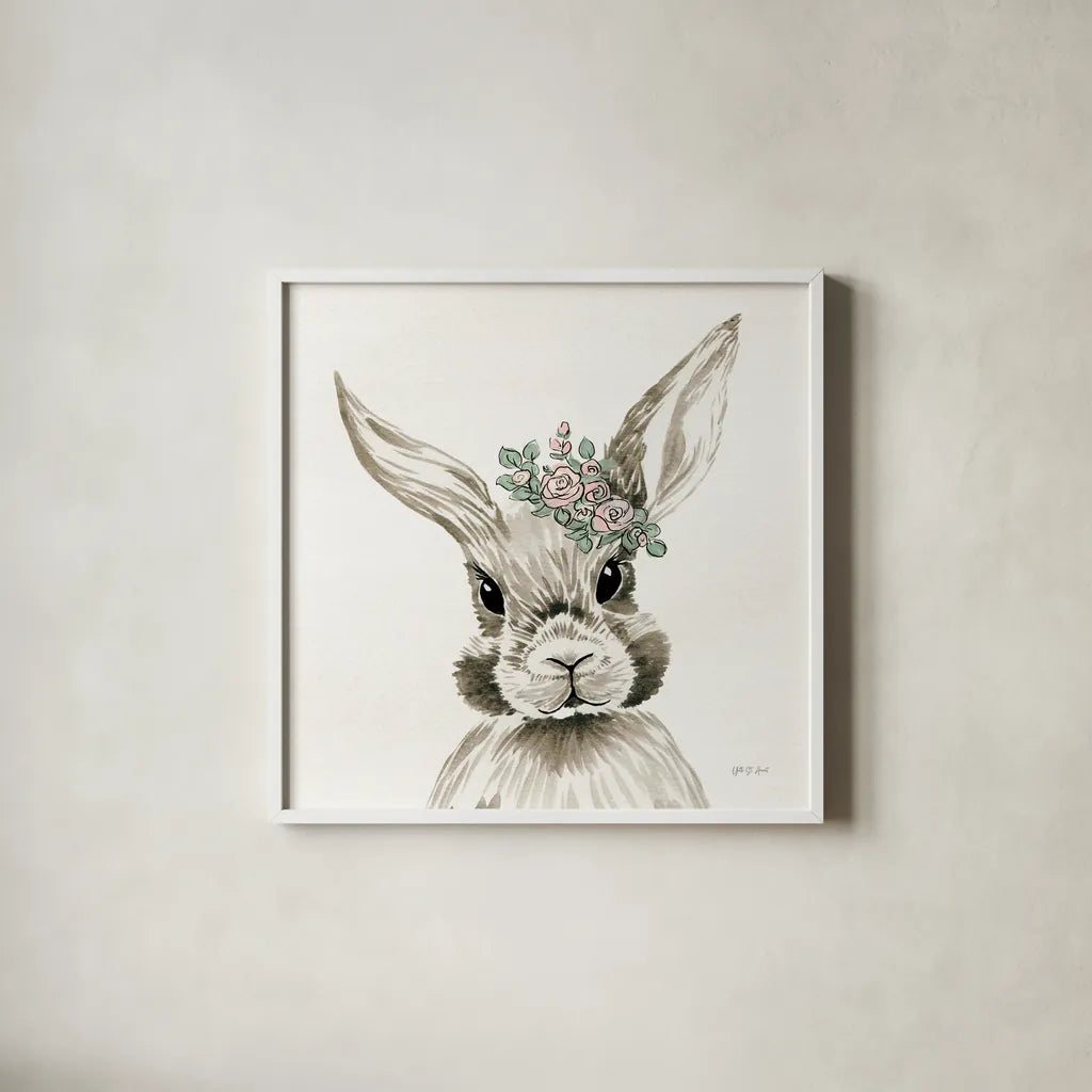 Baby Bunny with Crown by Yvette St. Amant. Shown in a crisp white glass frame for a clean and minimalist style. Available as an archival giclee rolled canvas, fine art paper, or poster print. SKU 89943a.