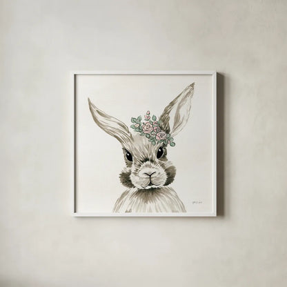 Baby Bunny with Crown by Yvette St. Amant. Shown in a crisp white glass frame for a clean and minimalist style. Available as an archival giclee rolled canvas, fine art paper, or poster print. SKU 89943a.
