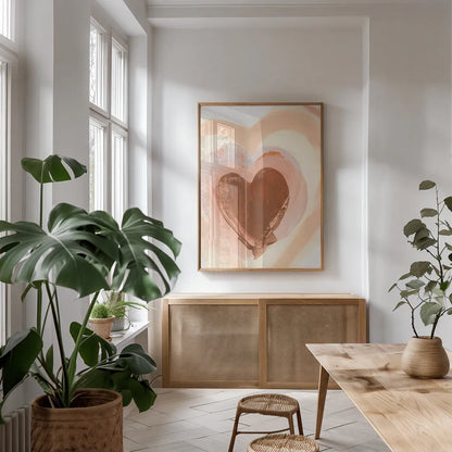 Baby Love Heart by Yvette St. Amant. shown as a print in a natural wood frame in a dining room. Available as a archival giclee rolled canvas, fine art paper, or poster print. SKU 89996h.