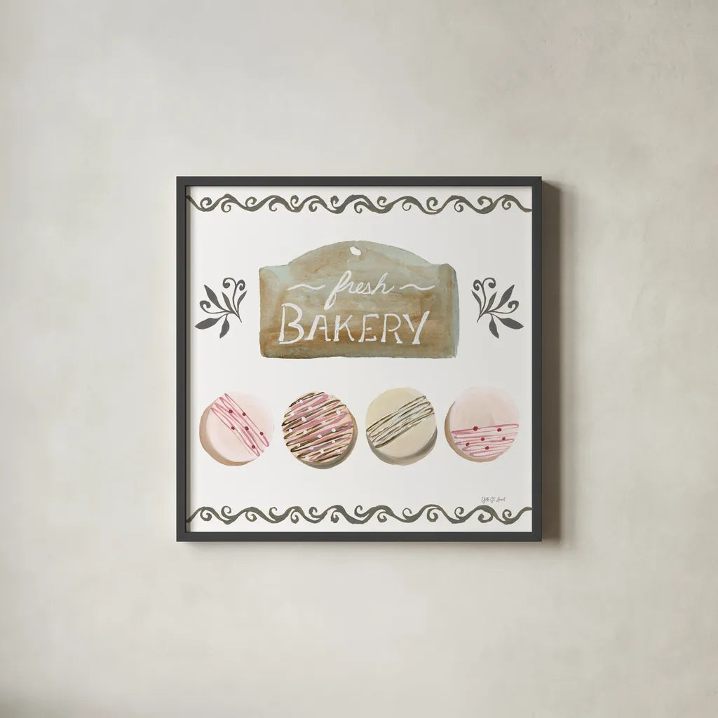 Bake Shoppe I by Yvette St. Amant. Shown in a sleek black glass frame for a contemporary gallery look. Available as an archival giclee rolled canvas, fine art paper, or poster print. SKU 96780a.