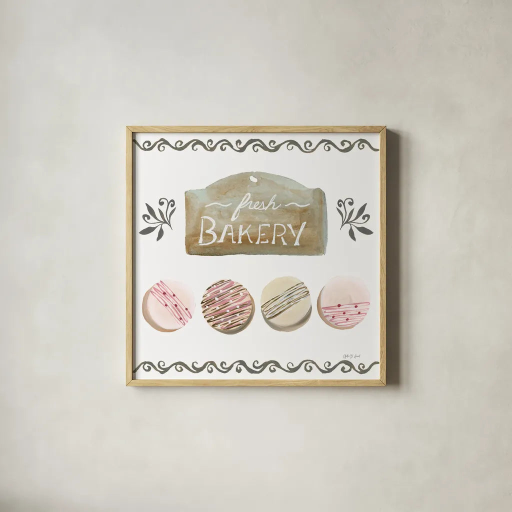 Bake Shoppe I by Yvette St. Amant. Shown in a natural wood glass frame for a timeless modern aesthetic. Available as an archival giclee rolled canvas, fine art paper, or poster print. SKU 96780a.