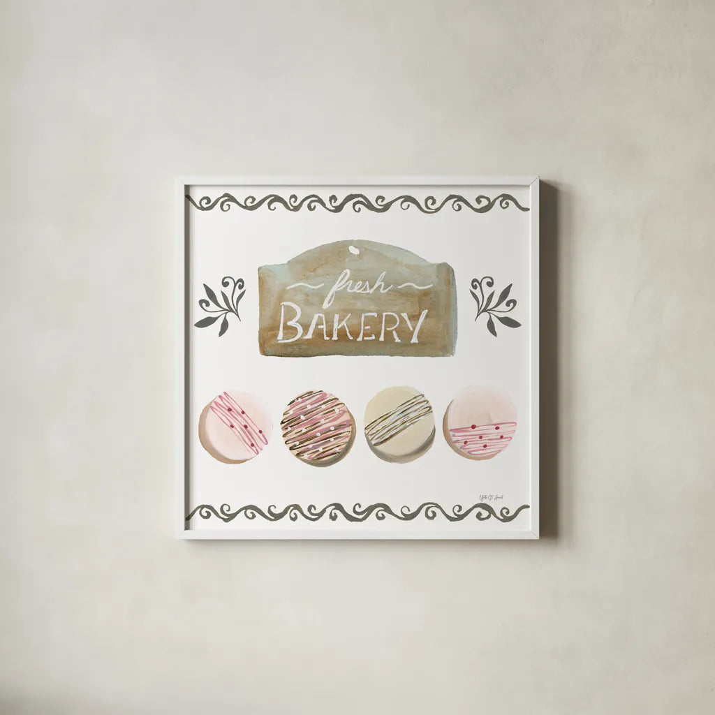 Bake Shoppe I by Yvette St. Amant. Shown in a crisp white glass frame for a clean and minimalist style. Available as an archival giclee rolled canvas, fine art paper, or poster print. SKU 96780a.