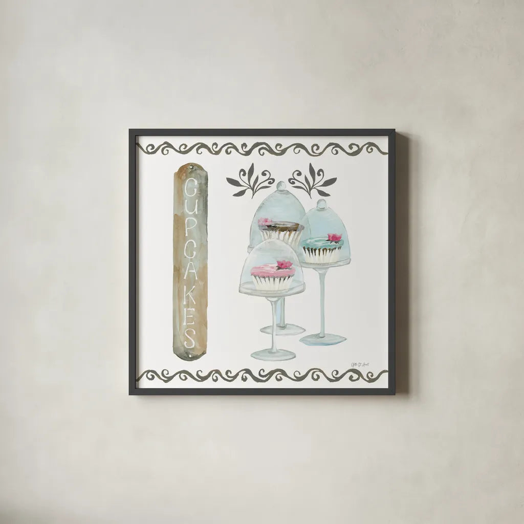 Bake Shoppe II by Yvette St. Amant. Shown in a sleek black glass frame for a contemporary gallery look. Available as an archival giclee rolled canvas, fine art paper, or poster print. SKU 96781a.
