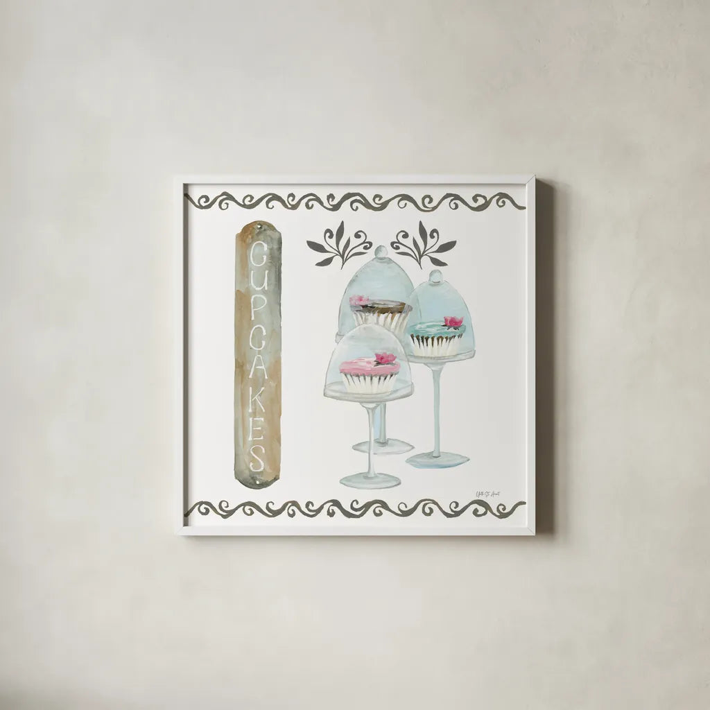 Bake Shoppe II by Yvette St. Amant. Shown in a crisp white glass frame for a clean and minimalist style. Available as an archival giclee rolled canvas, fine art paper, or poster print. SKU 96781a.