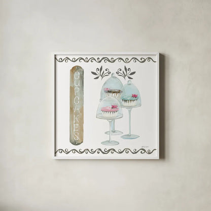 Bake Shoppe II by Yvette St. Amant. Shown in a crisp white glass frame for a clean and minimalist style. Available as an archival giclee rolled canvas, fine art paper, or poster print. SKU 96781a.