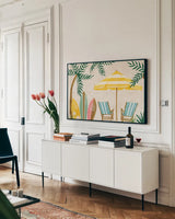Beach Day I by Yvette St. Amant. shown as a framed stretched canvas in a living room above a console. Available as a archival giclee rolled canvas, fine art paper, or poster print. SKU 98780i.