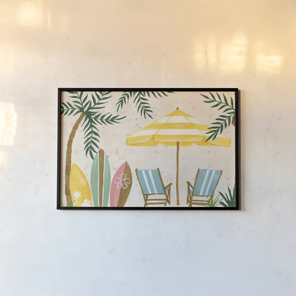 Beach Day I by Yvette St. Amant. shown as a paper print in a black flame. Available as a archival giclee rolled canvas, fine art paper, or poster print. SKU 98780i.