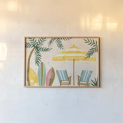 Beach Day I by Yvette St. Amant. shown as a paper print in a natural frame. Available as a archival giclee rolled canvas, fine art paper, or poster print. SKU 98780i.