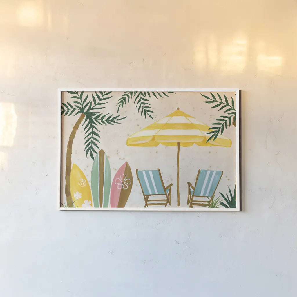 Beach Day I by Yvette St. Amant. shown as a paper print in a white frame. Available as a archival giclee rolled canvas, fine art paper, or poster print. SKU 98780i.