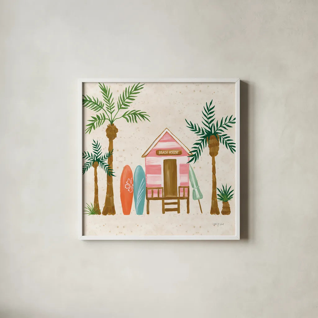 Beach Day II by Yvette St. Amant. Shown in a crisp white glass frame for a clean and minimalist style. Available as an archival giclee rolled canvas, fine art paper, or poster print. SKU 98781a.