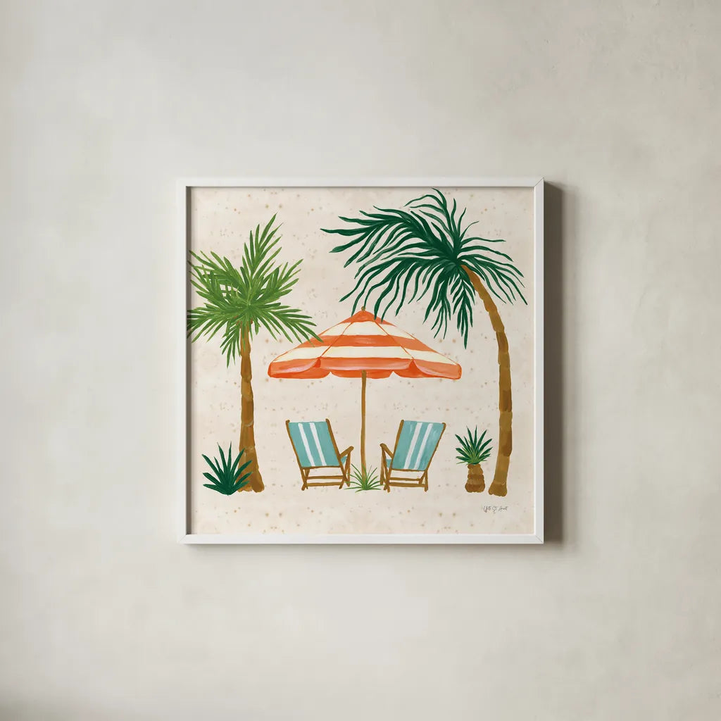 Beach Day III by Yvette St. Amant. Shown in a crisp white glass frame for a clean and minimalist style. Available as an archival giclee rolled canvas, fine art paper, or poster print. SKU 98782a.
