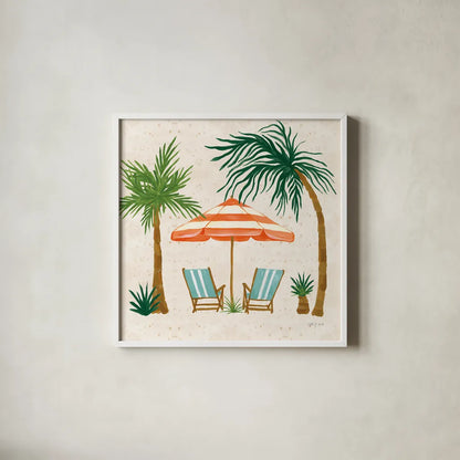 Beach Day III by Yvette St. Amant. Shown in a crisp white glass frame for a clean and minimalist style. Available as an archival giclee rolled canvas, fine art paper, or poster print. SKU 98782a.