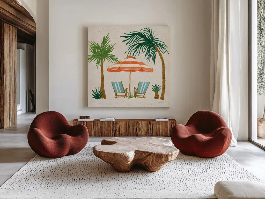 Beach Day III by Yvette St. Amant. Shown as extra-large giant wall art in a modern living room. Available as an archival giclee rolled canvas, fine art paper, or poster print. SKU 98782a.