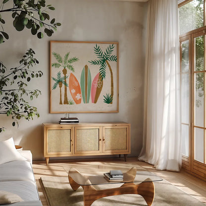 Beach Day IV by Yvette St. Amant. Shown in a natural wood frame in a cozy modern living room. Available as an archival giclee rolled canvas, fine art paper, or poster print. SKU 98783a.