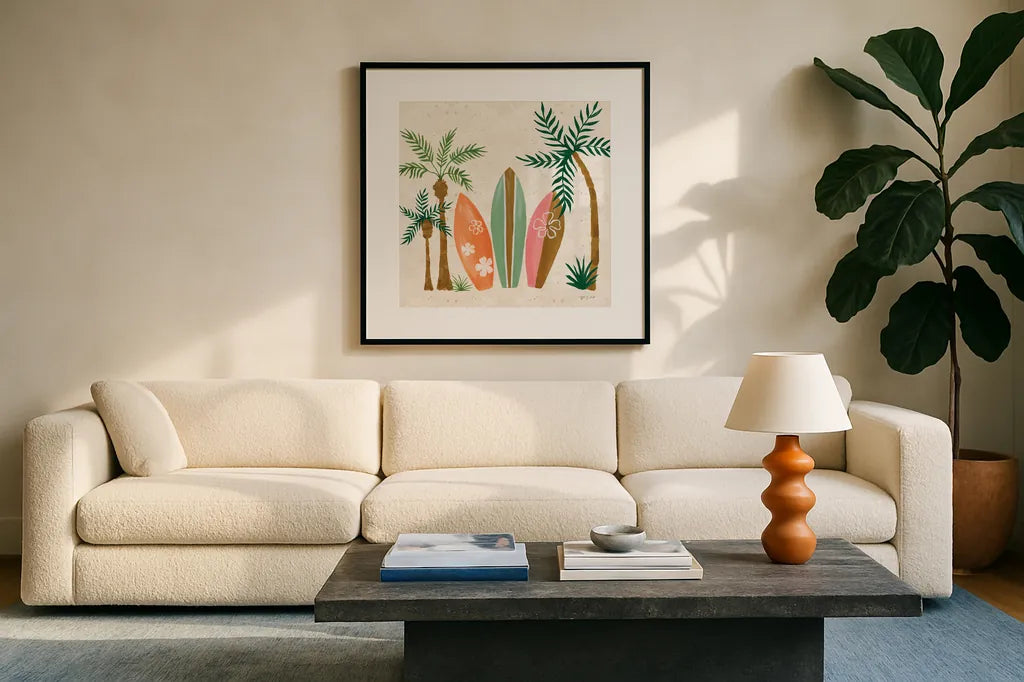 Beach Day IV by Yvette St. Amant. Displayed in a glass frame with matte in a clean modern living room. Available as an archival giclee rolled canvas, fine art paper, or poster print. SKU 98783a.