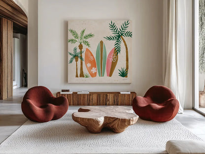 Beach Day IV by Yvette St. Amant. Shown as extra-large giant wall art in a modern living room. Available as an archival giclee rolled canvas, fine art paper, or poster print. SKU 98783a.