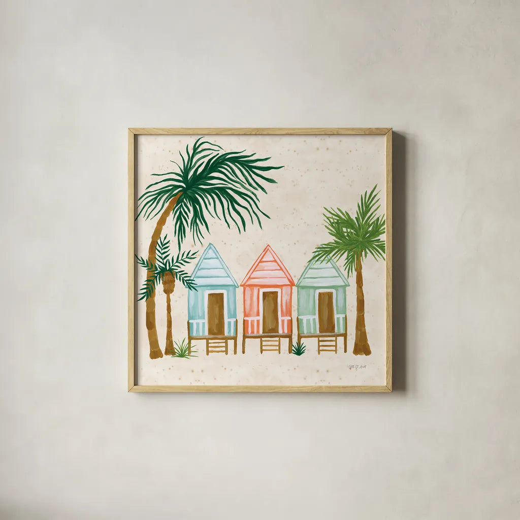 Beach Day V by Yvette St. Amant. Shown in a natural wood glass frame for a timeless modern aesthetic. Available as an archival giclee rolled canvas, fine art paper, or poster print. SKU 98784a.